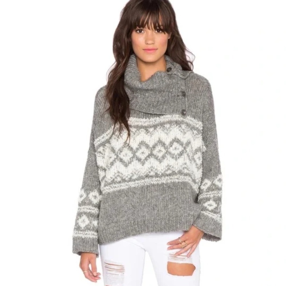 Free People Fair Isle Cowl Neck Chunky Knit Sweater Gray White Small (OVERSIZED)